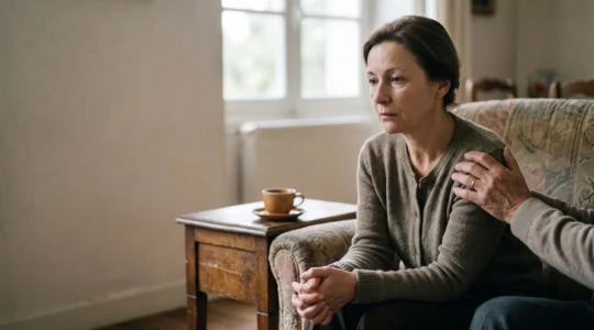 Une main posée avec délicatesse sur l'épaule d'une personne endeuillée assise dans un salon lumineux, symbole de présence discrète et de soutien.