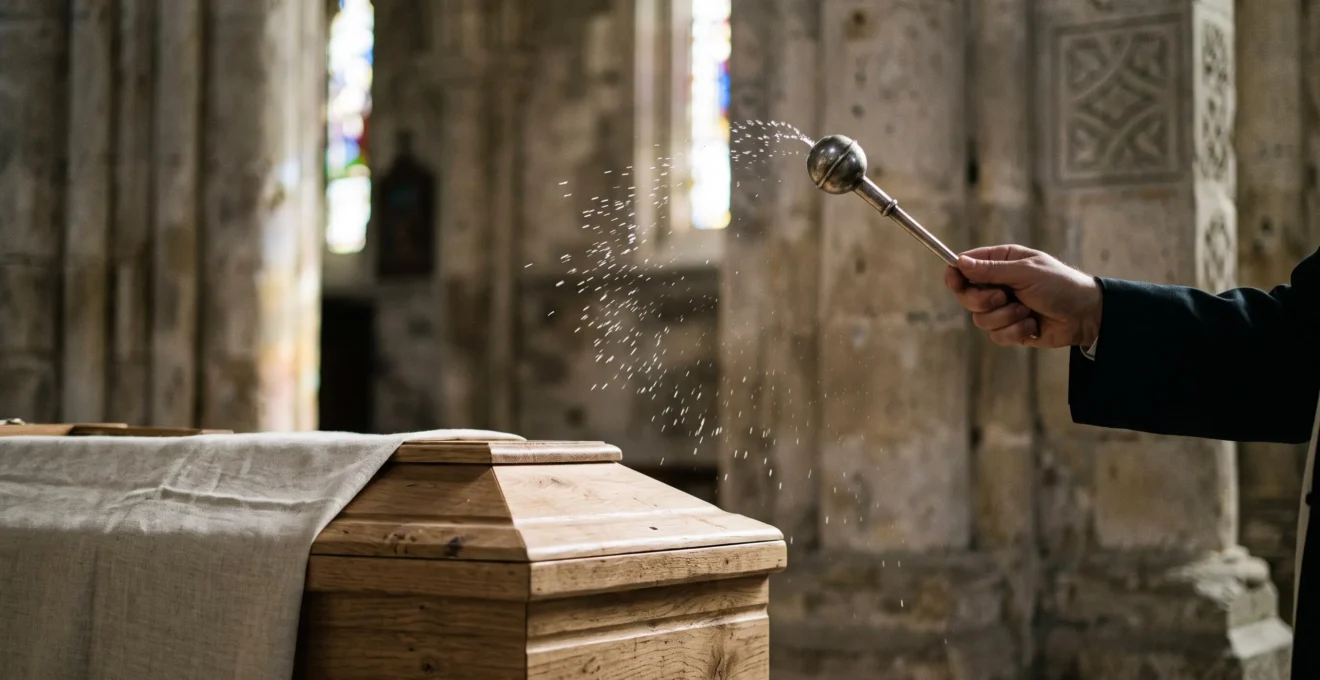 Geste liturgique d'aspersion d'eau bénite sur un cercueil lors de funérailles catholiques en France