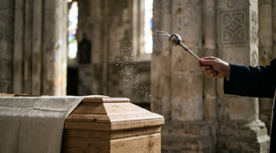 Geste liturgique d'aspersion d'eau bénite sur un cercueil lors de funérailles catholiques en France