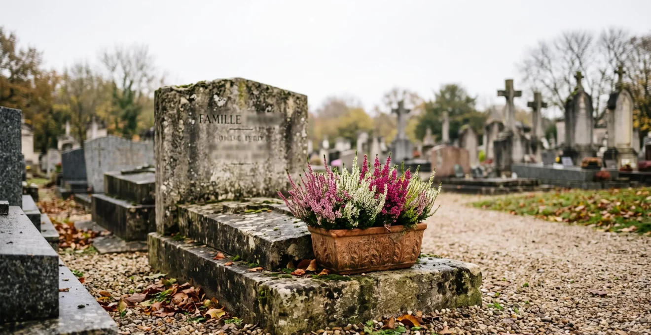 Jardinière de bruyères roses et blanches fleurissant une tombe en pierre dans un cimetière français en automne