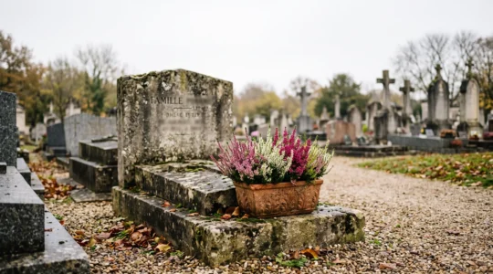 Jardinière de bruyères roses et blanches fleurissant une tombe en pierre dans un cimetière français en automne