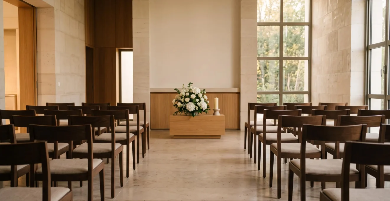 Salle de cérémonie laïque épurée et lumineuse pour des obsèques en France, sans symbole religieux