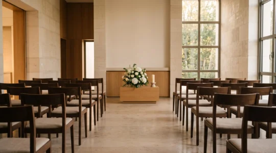 Salle de cérémonie laïque épurée et lumineuse pour des obsèques en France, sans symbole religieux