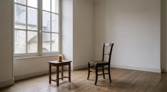 Salle de cérémonie funéraire française épurée avec une chaise vide et une bougie éteinte, symbolisant un rituel absent