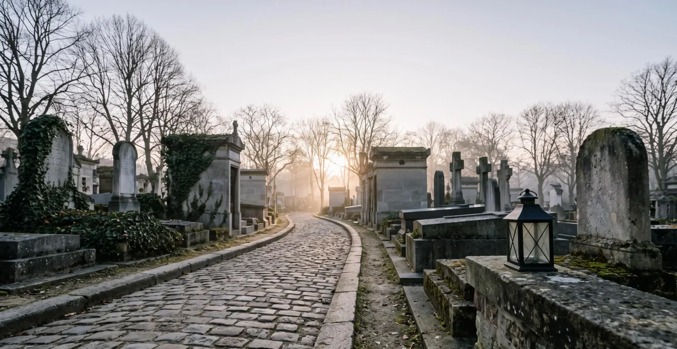 Sentier lumineux traversant un cimetière français au crépuscule, symbole des multiples chemins spirituels face à la mort