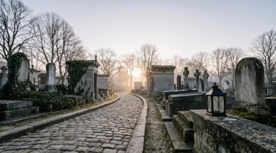 Sentier lumineux traversant un cimetière français au crépuscule, symbole des multiples chemins spirituels face à la mort