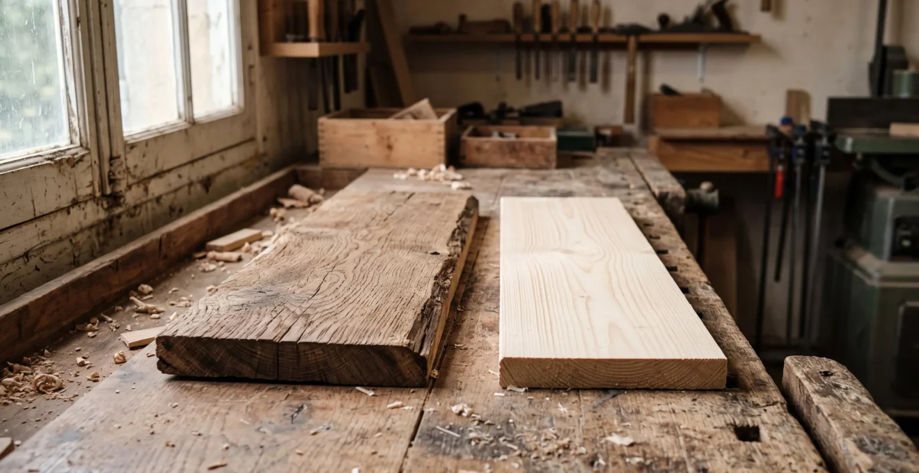 Deux essences de bois de cercueil, chene fonce et pin clair, posees cote a cote dans un atelier de menuiserie francais, symbolisant le choix entre materiaux