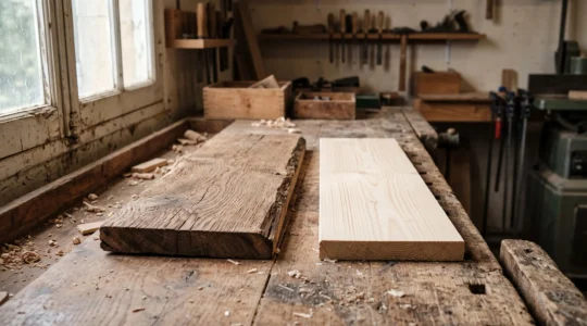 Deux essences de bois de cercueil, chene fonce et pin clair, posees cote a cote dans un atelier de menuiserie francais, symbolisant le choix entre materiaux