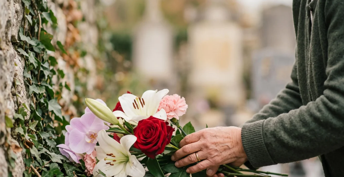 Mains déposant délicatement un bouquet mêlant rose, lys, œillet et orchidée devant un mur en pierre calcaire typique d'un cimetière français