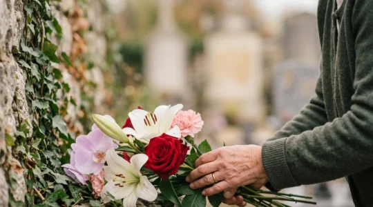 Mains déposant délicatement un bouquet mêlant rose, lys, œillet et orchidée devant un mur en pierre calcaire typique d'un cimetière français