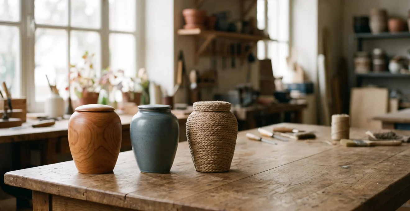 Sélection délicate d'une urne funéraire en bois et céramique dans un atelier lumineux, symbole de choix respectueux et personnalisé