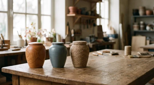 Sélection délicate d'une urne funéraire en bois et céramique dans un atelier lumineux, symbole de choix respectueux et personnalisé