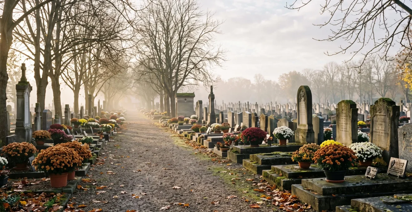 Tombe fleurie de chrysanthèmes colorés dans un cimetière français au petit matin début novembre