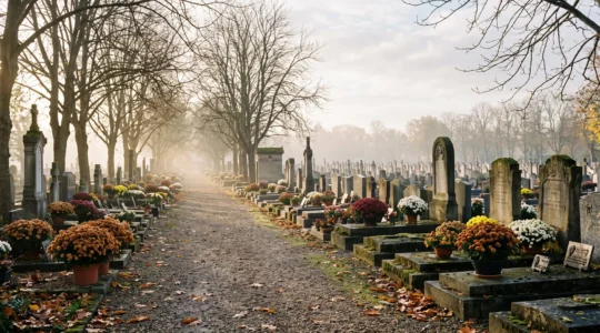 Tombe fleurie de chrysanthèmes colorés dans un cimetière français au petit matin début novembre