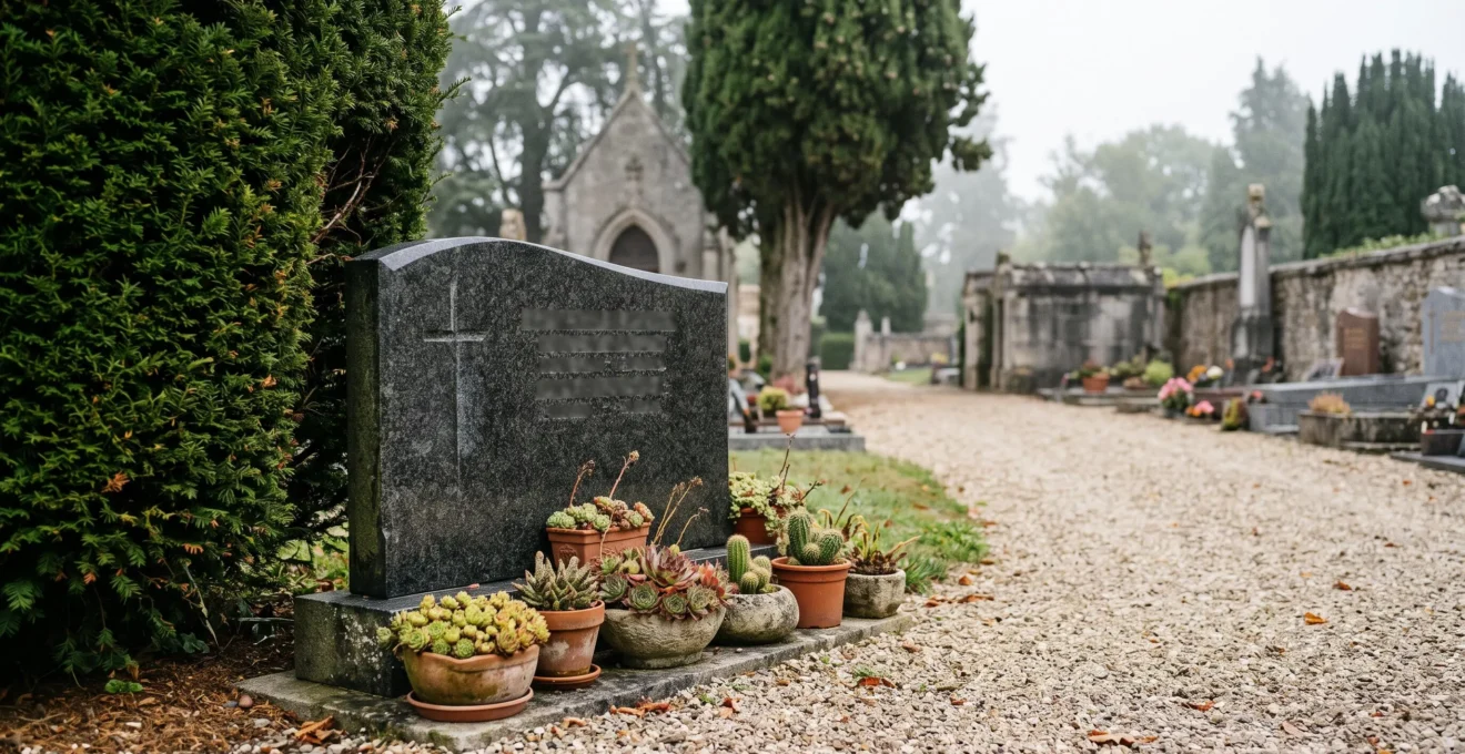 Tombe familiale en granit bien entretenue dans une allee ombragee d'un cimetiere francais traditionnel