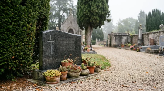Tombe familiale en granit bien entretenue dans une allee ombragee d'un cimetiere francais traditionnel