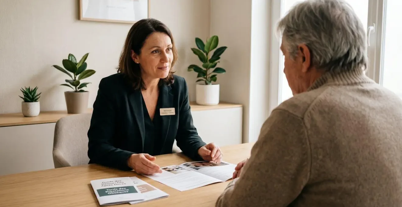 Conseillère funéraire française expliquant avec empathie des documents informatifs à une personne dans un bureau d'agence contemporaine