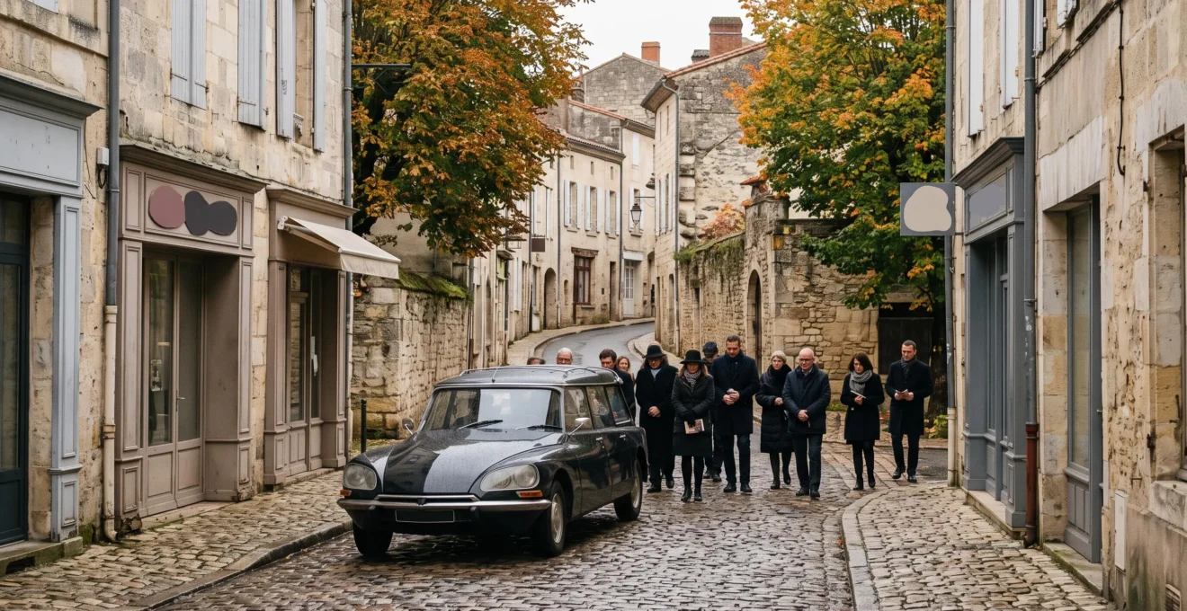 Cortège funéraire traversant une petite place de ville française, illustrant l'organisation d'un déplacement collectif digne et coordonné