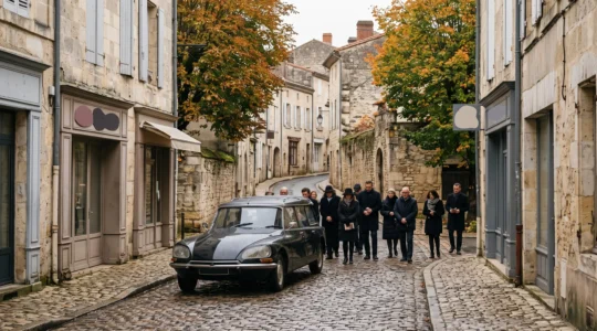 Cortège funéraire traversant une petite place de ville française, illustrant l'organisation d'un déplacement collectif digne et coordonné