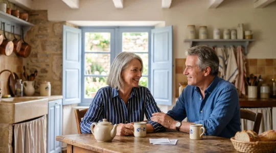 Couple de seniors français assis sereinement dans une cuisine baignée de lumière naturelle, symbolisant l'anticipation apaisée des obsèques