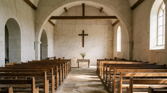 Intérieur épuré d'un temple protestant français baigné de lumière naturelle, symbolisant un culte funéraire sobre mais chaleureux