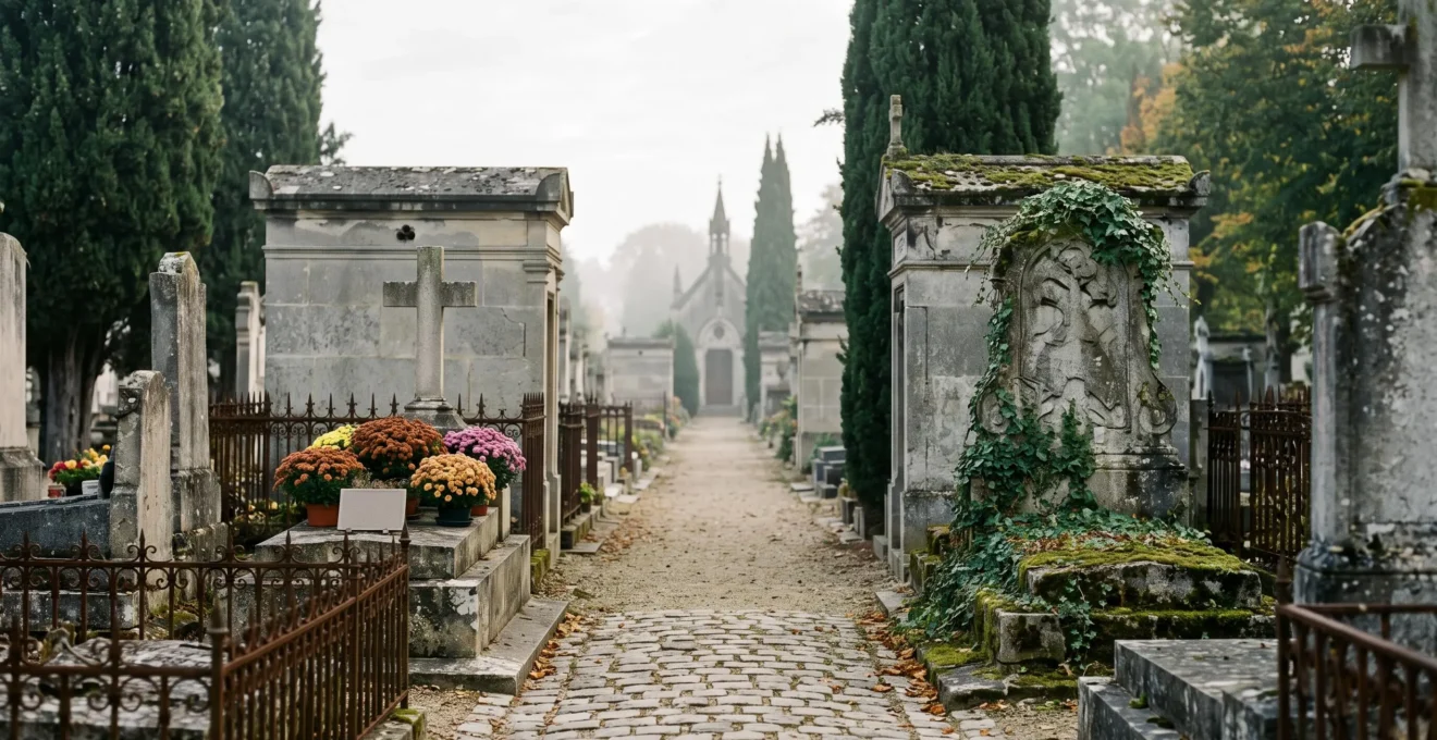 Allée d'un cimetière français avec une concession fleurie entourée d'un vieux caveau en pierre, sous une lumière douce d'automne