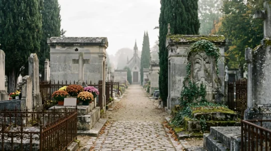 Allée d'un cimetière français avec une concession fleurie entourée d'un vieux caveau en pierre, sous une lumière douce d'automne