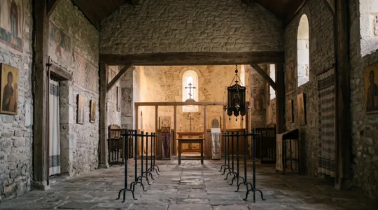Intérieur sobre d'une petite église orthodoxe de campagne en France, plongé dans une lumière douce, en attente de la célébration