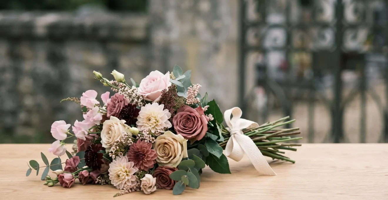 Gerbe de fleurs artisanale déposée sur un cercueil en bois clair, symbolisant un hommage floral personnalisé lors d'obsèques en France