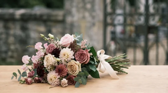 Gerbe de fleurs artisanale déposée sur un cercueil en bois clair, symbolisant un hommage floral personnalisé lors d'obsèques en France