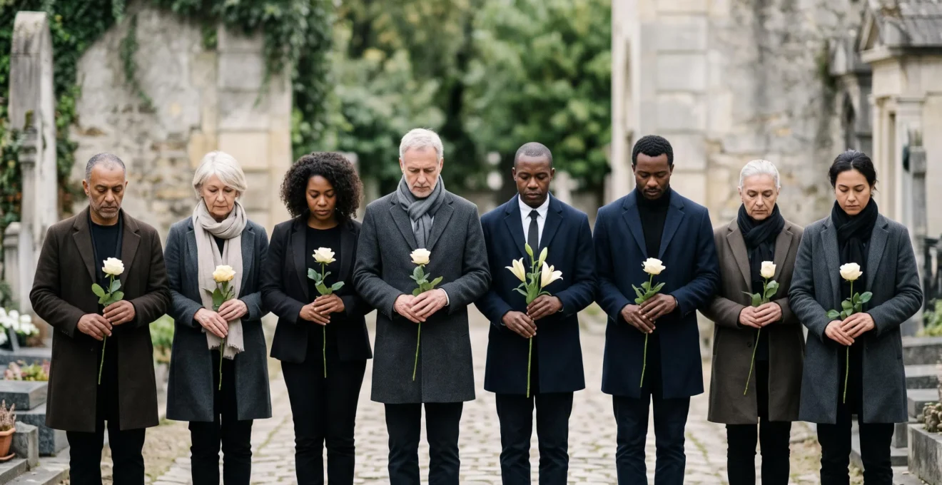 Assemblée réunie en cercle lors d'une cérémonie d'obsèques en France, chacun tenant une fleur blanche avant un geste d'adieu collectif