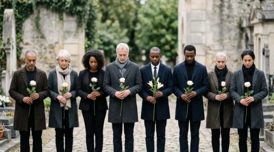 Assemblée réunie en cercle lors d'une cérémonie d'obsèques en France, chacun tenant une fleur blanche avant un geste d'adieu collectif