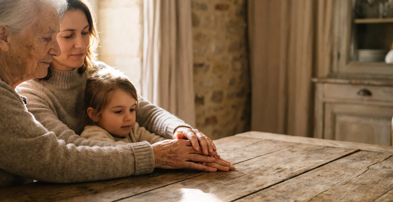Mains de plusieurs générations d'une famille française posées ensemble sur une table en bois, symbolisant la transmission claire d'un héritage.