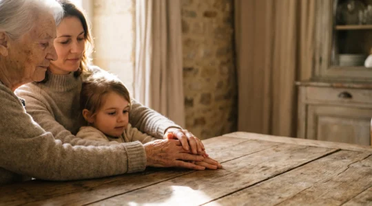 Mains de plusieurs générations d'une famille française posées ensemble sur une table en bois, symbolisant la transmission claire d'un héritage.