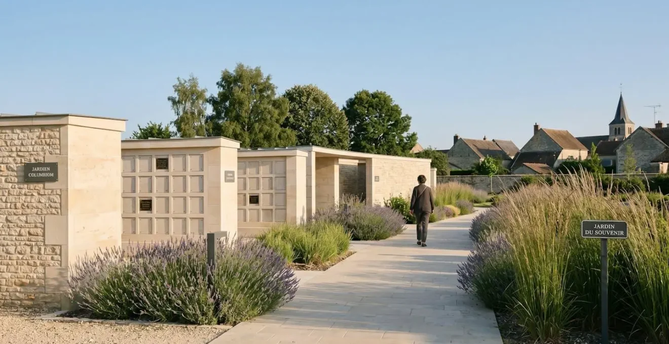 Jardin du souvenir contemporain en France avec columbarium en pierre claire, végétation sobre et allée de recueillement sous lumière douce d'après-midi