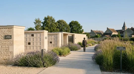 Jardin du souvenir contemporain en France avec columbarium en pierre claire, végétation sobre et allée de recueillement sous lumière douce d'après-midi