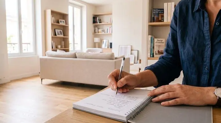 Mains d'un professionnel prenant des notes sur tablette lors d'un inventaire successoral dans un intérieur résidentiel français contemporain