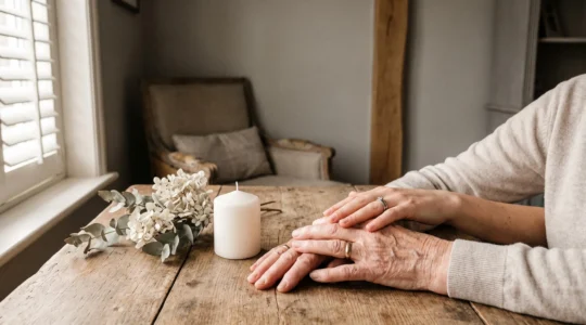 Mains de plusieurs générations d'une famille française réunies en signe de soutien lors de l'organisation d'obsèques