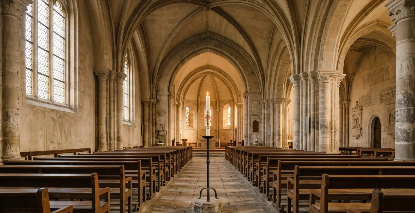 Nef d'une église de pierre française baignée de lumière douce, avec un cierge pascal allumé près d'un espace central évoquant un dernier hommage, dans une composition sobre et recueillie.