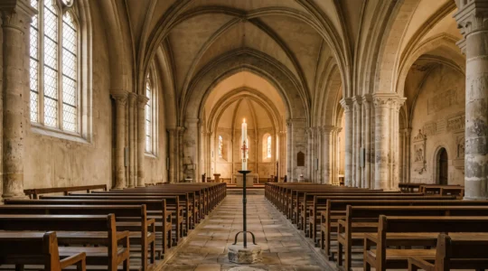 Nef d'une église de pierre française baignée de lumière douce, avec un cierge pascal allumé près d'un espace central évoquant un dernier hommage, dans une composition sobre et recueillie.