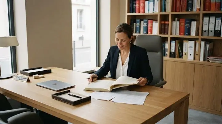 Notaire français consultant un dossier successoral dans un bureau contemporain avec bibliothèque juridique en arrière-plan et lumière naturelle