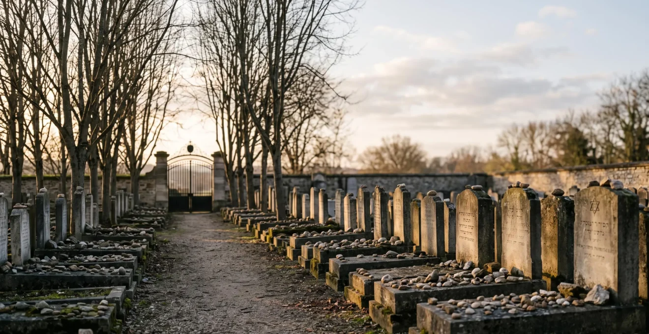 Allée sobre d'un cimetière juif en France au lever du jour, symbolisant le respect du délai rituel des 24 heures
