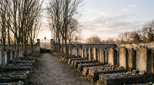 Allée sobre d'un cimetière juif en France au lever du jour, symbolisant le respect du délai rituel des 24 heures