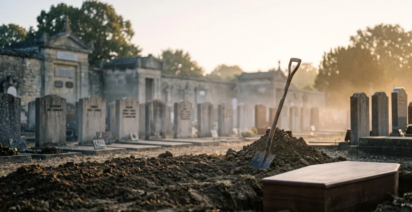 Cimetière français au lever du jour avec une sépulture fraîchement recouverte de terre, symbolisant l'urgence et le recueillement des obsèques musulmanes