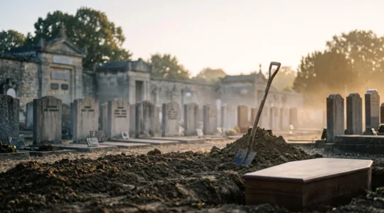 Cimetière français au lever du jour avec une sépulture fraîchement recouverte de terre, symbolisant l'urgence et le recueillement des obsèques musulmanes