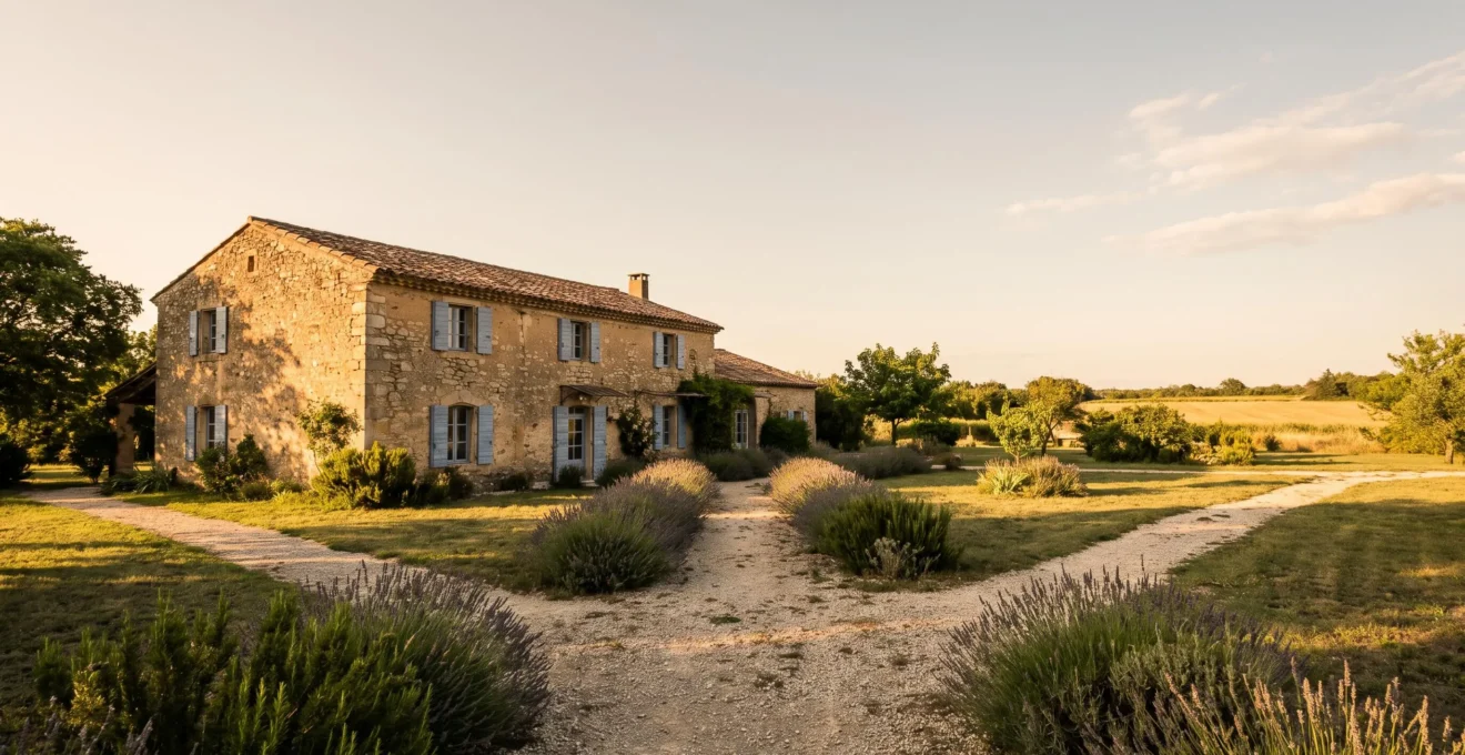 Maison familiale française vue de l'extérieur avec trois chemins symbolisant le partage entre héritiers