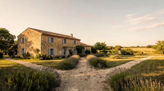 Maison familiale française vue de l'extérieur avec trois chemins symbolisant le partage entre héritiers