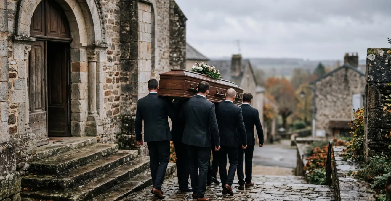 Six porteurs en costume sombre transportant avec recueillement un cercueil en bois à la sortie d'une église de village française