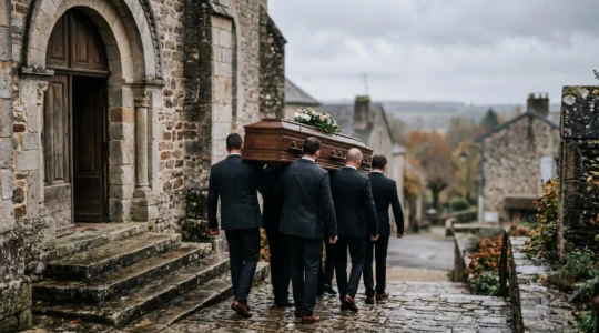 Six porteurs en costume sombre transportant avec recueillement un cercueil en bois à la sortie d'une église de village française