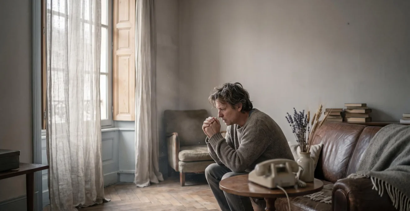 Personne assise en silence dans un salon français baigné de lumière douce juste après l'annonce d'un décès